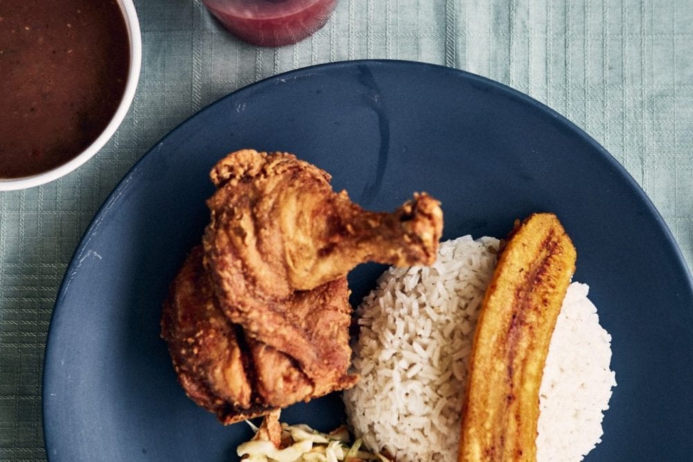 Chicken, rice, and plantain at Tugusina Garifuna Shack. Oliver Pilcher
